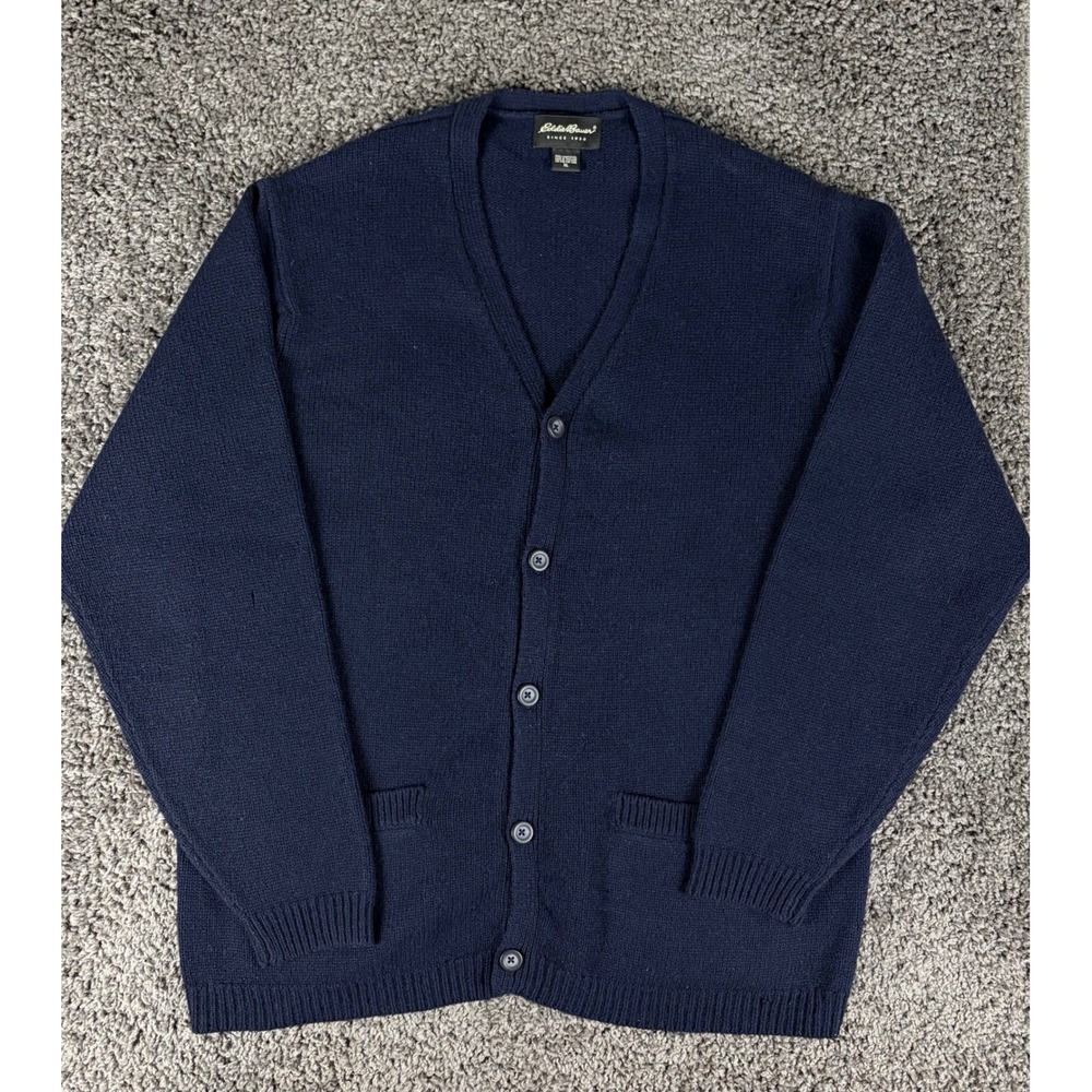 Eddie Bauer Mens XL Navy Blue 100% Lambswool V-Neck Button Cardigan Sweater